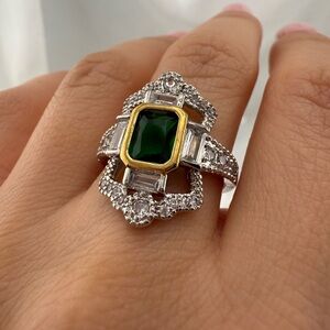 Vintage 2 color Silver and gold  Green Gemstone Ring